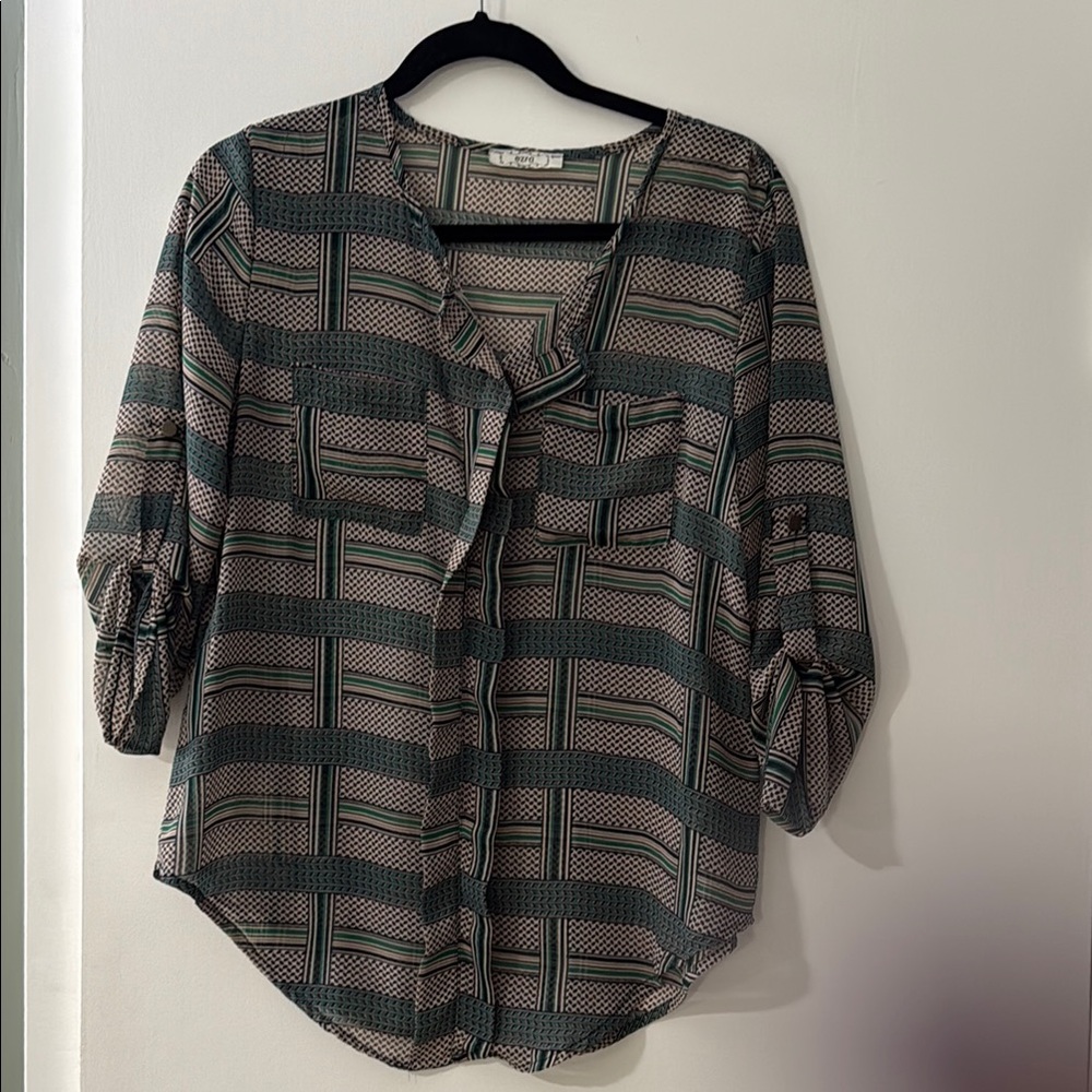 Ezra Relaxed Gray and Green Blouse with Mandarin Collar